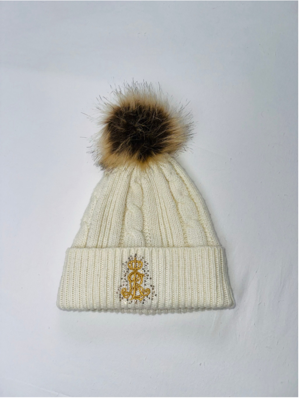 Lauren Ralph Lauren Rhinestone Logo Cable Knit Faux Fur Pom Beanie Ivory One Siz - Picture 2 of 6